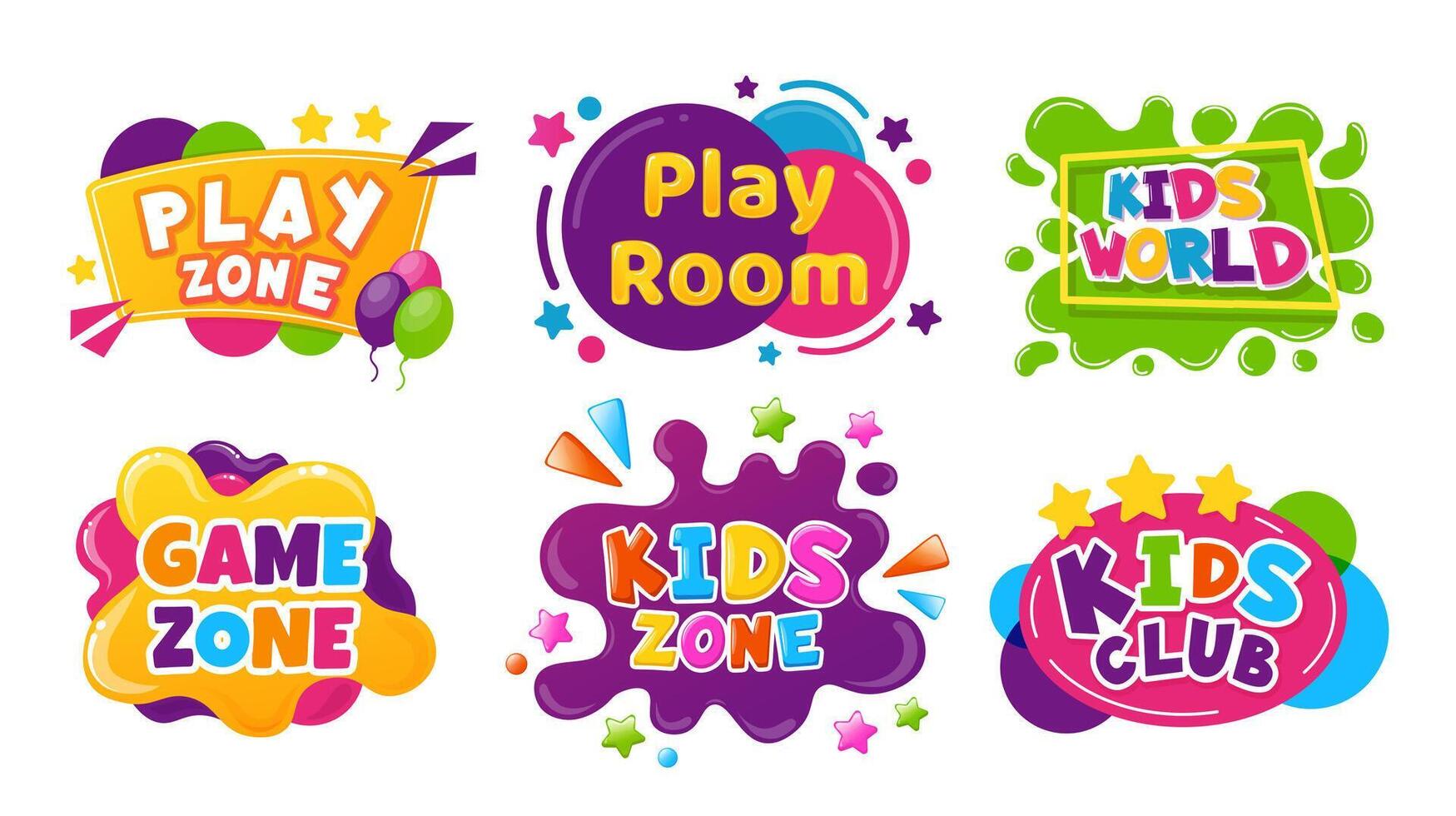 Kids entertainment badges. Cartoon colorful banners with balloons, splashes and start for playroom or game zone vector