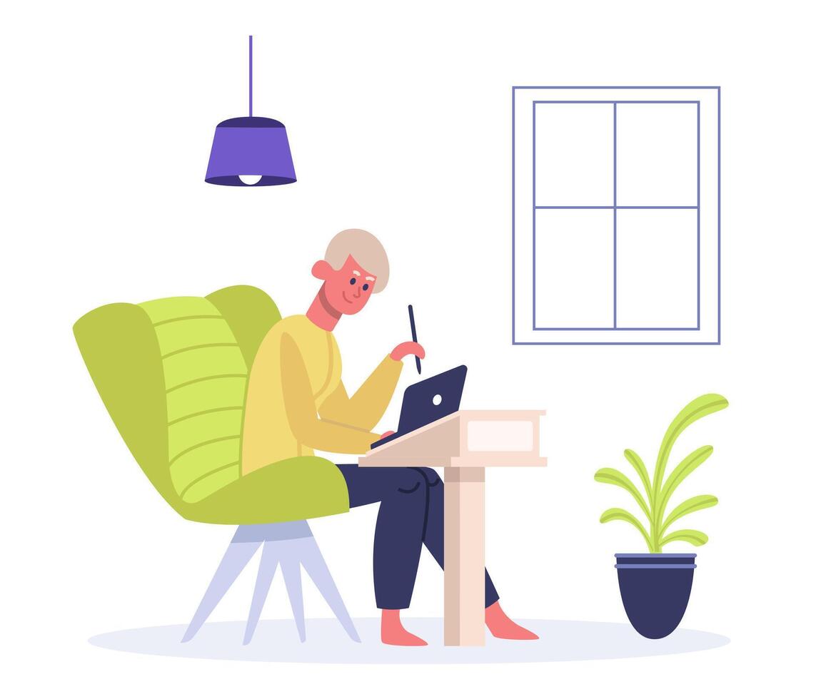 Freelance worker sitting in armchair and working with laptop. Web designer working remotely at home. Man employee vector