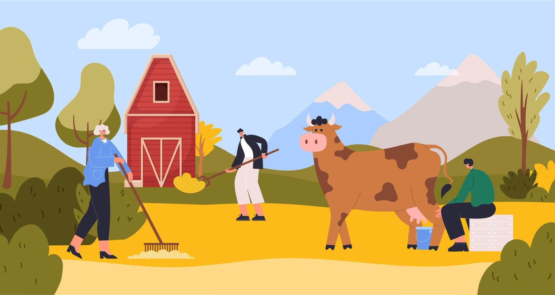 Farmer characters at farm agriculture. Man sitting and milking cow into bucket. Female and male characters working vector