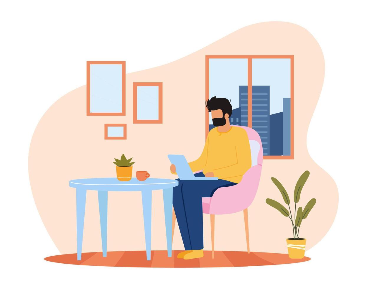 Freelance working person sitting at table with laptop. Man having online job. Remote occupation concept vector