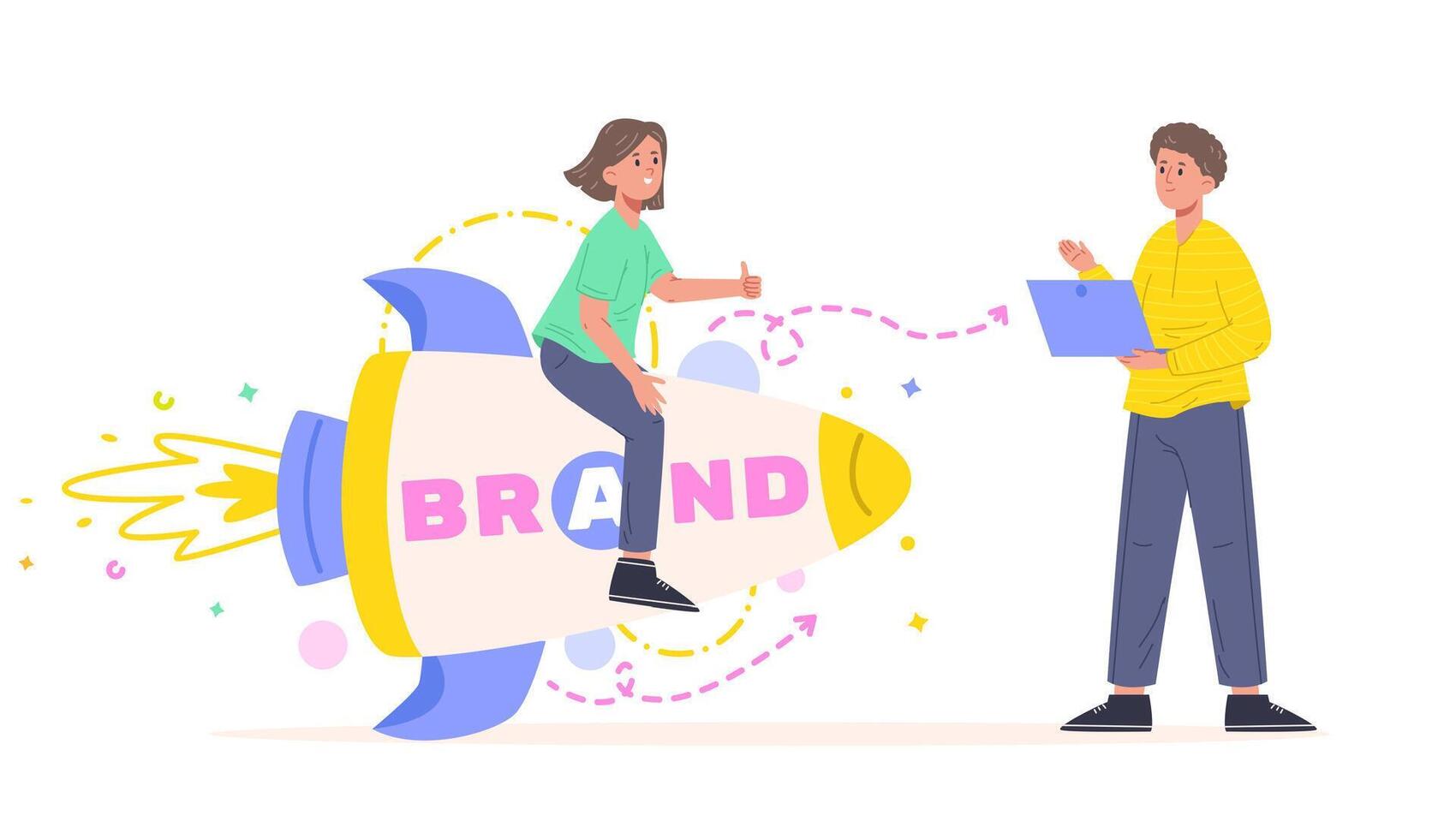 Brand building, corporate identity, personal brand development. Woman sitting on rocket, male employee with laptop vector