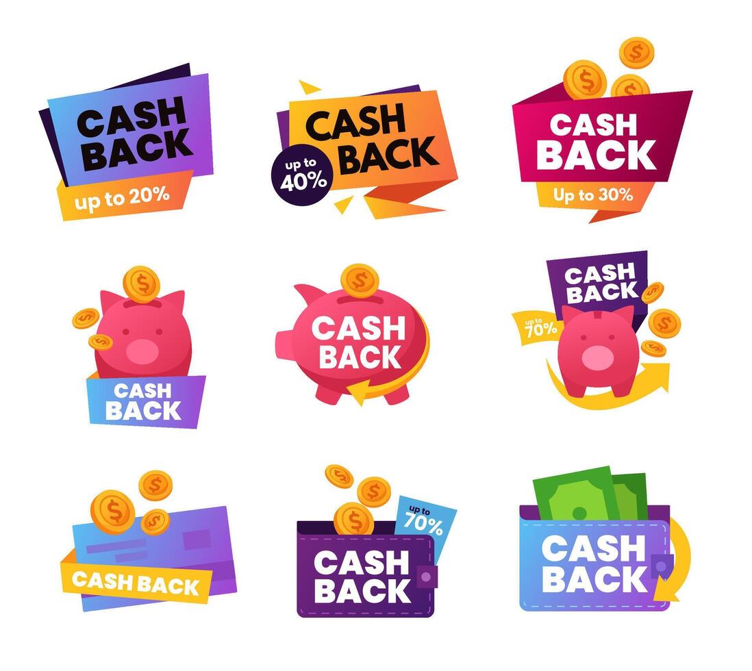 Cash back. Promotion offer sign with coins and cash returns to wallet, banking card and piggy bank savings vector