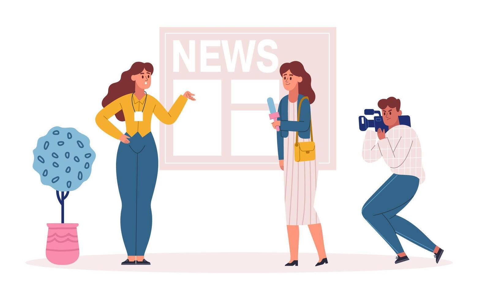 Journalist and operator recording news, interviewing celebrity person illustration. Reporter with microphone vector