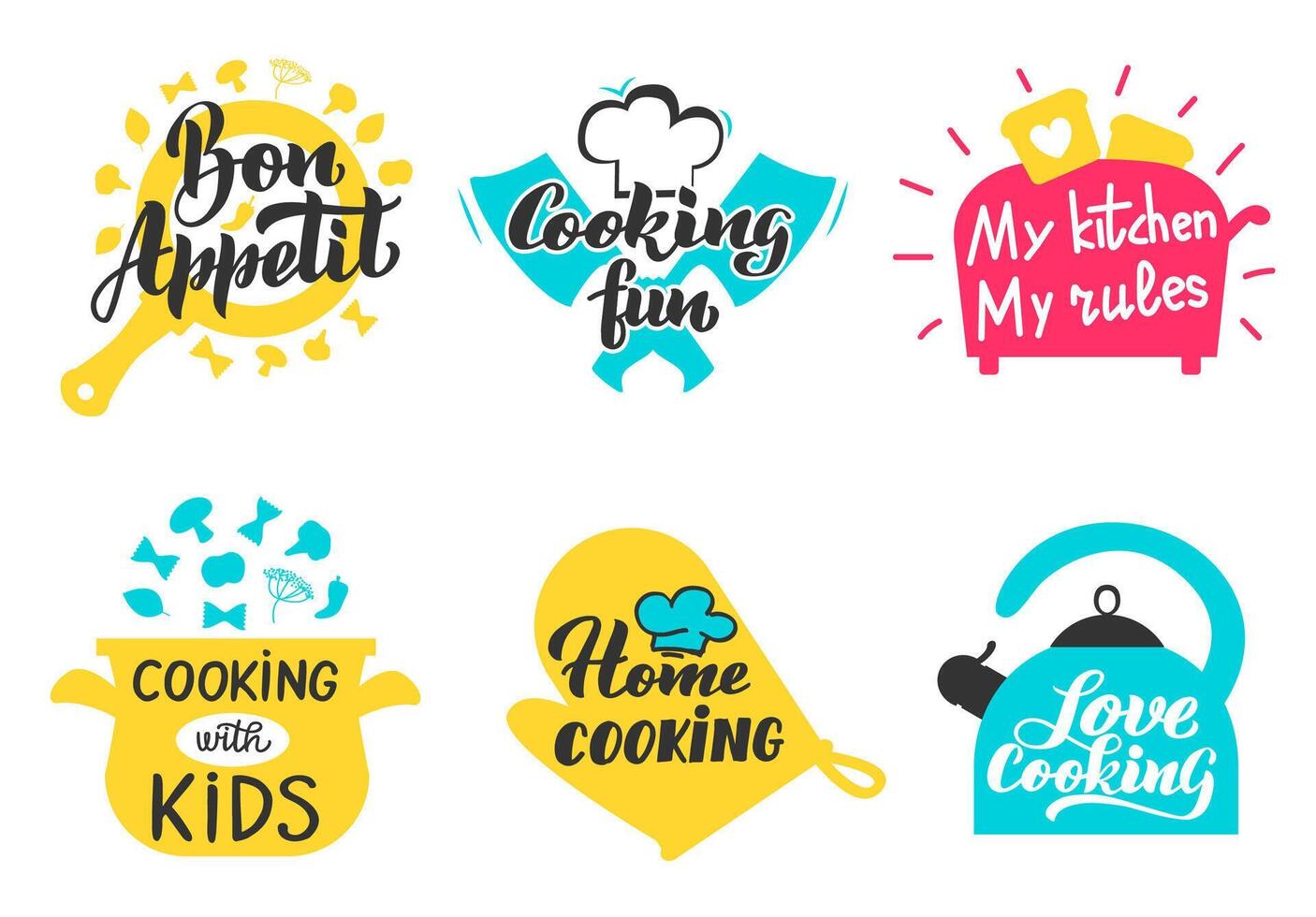 Cooking lettering labels. Kitchen utensils and accessories for culinary master class, restaurant or cafe stickers vector