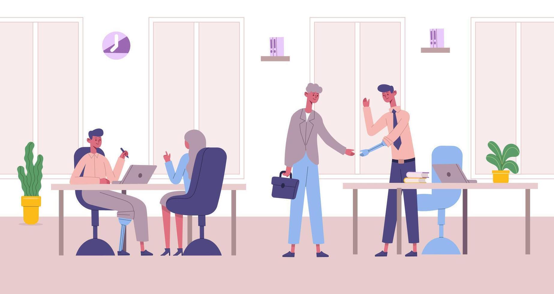 Handicapped people working in office. Inclusive workplace with people with disabilities. Men with hand and leg prosthesis vector