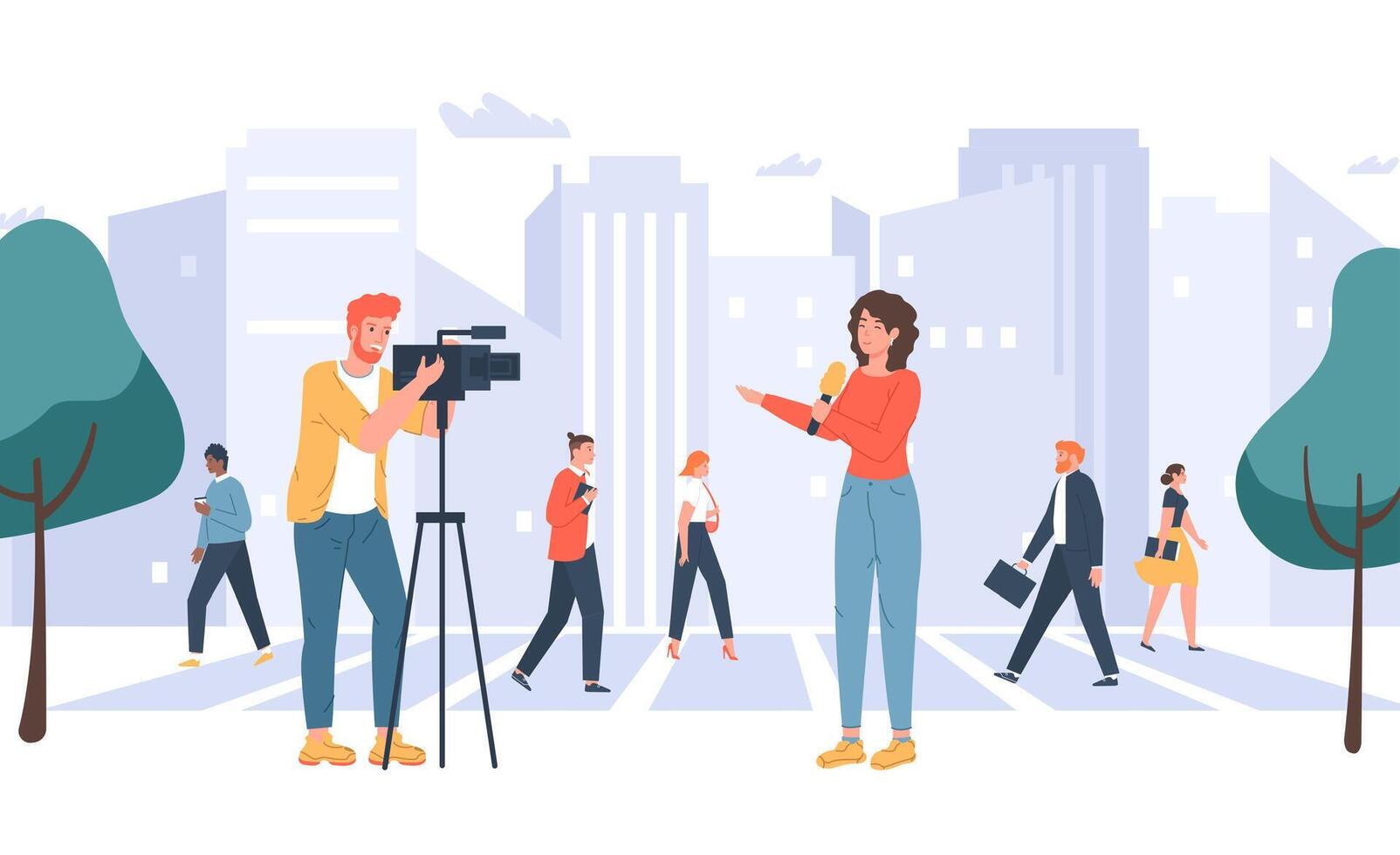 Media TV journalists. Operator shooting reporter with microphone telling breaking news. Correspondent standing outside vector