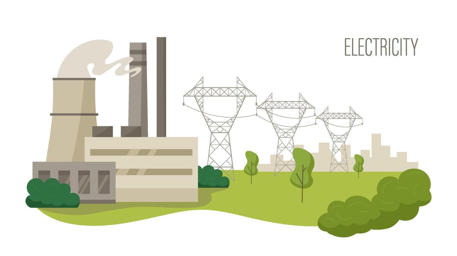 Electric power transmission to city. High voltage power lines pylons supplies electricity from power plant to town buildings illustration vector