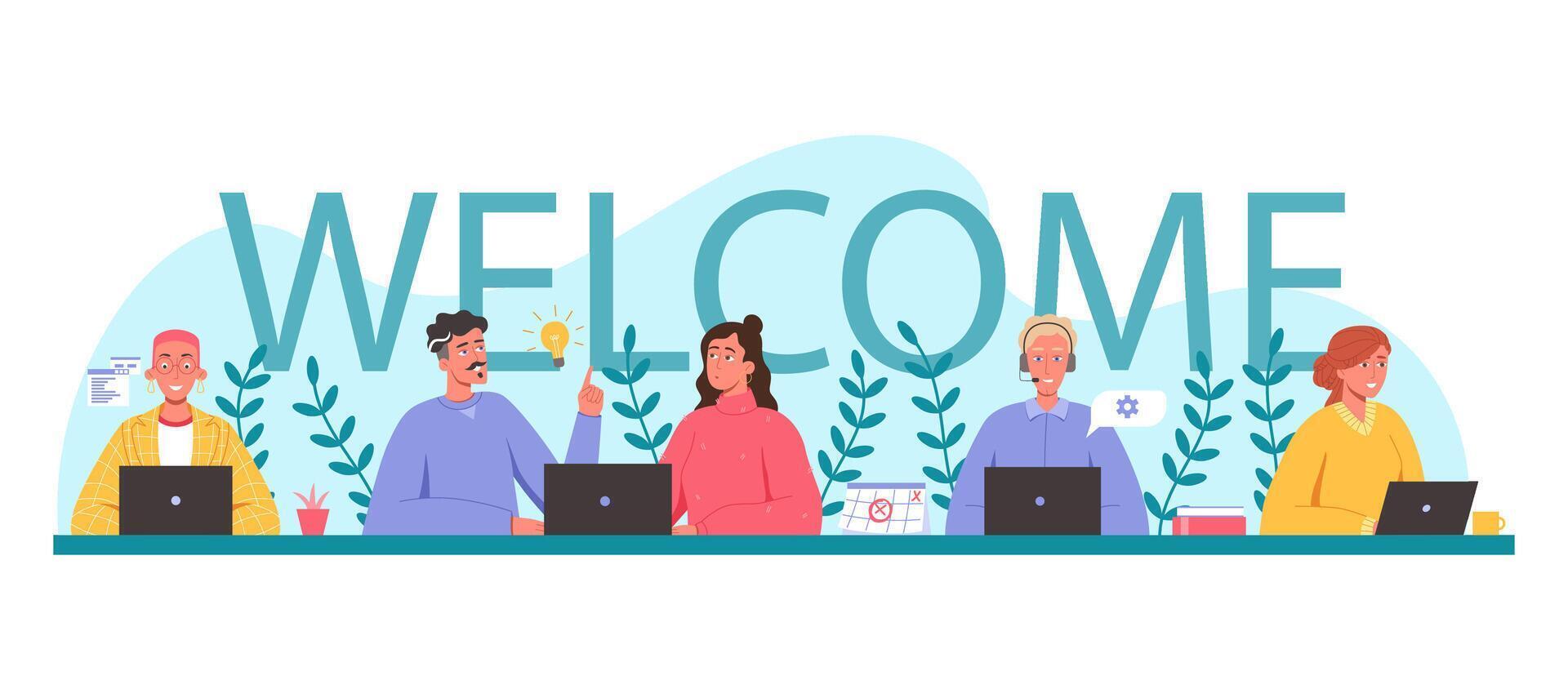 Welcome team. New worker or team member welcome word, new member celebration message banner illustration vector