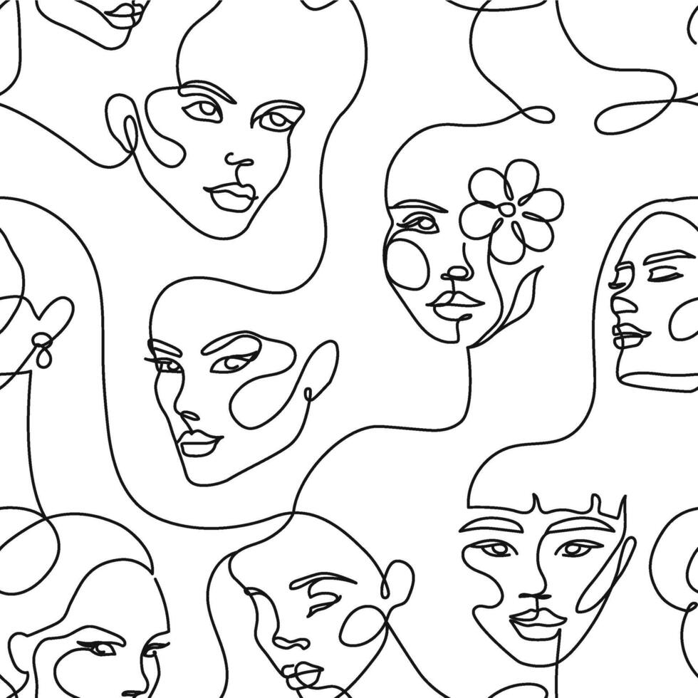 Continuous one line faces pattern. Linear female beauty models, abstract contour lines female portraits and minimalist style women seamless background vector
