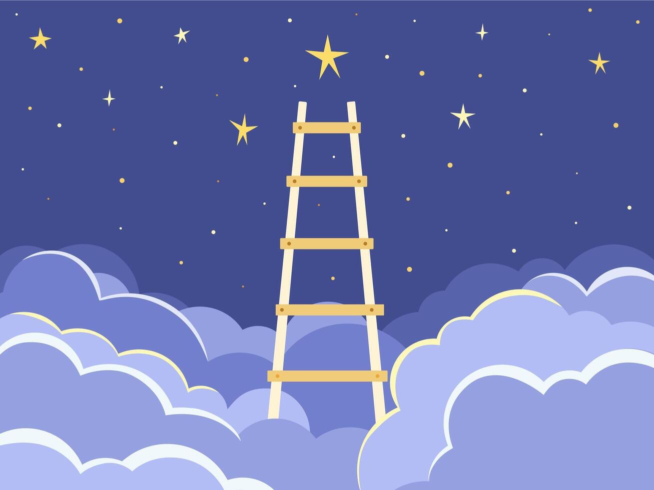 Reaching stars with ladder. Starry night over clouds, way leading to bright star. Ladder to success, concept of hope or dream cartoon illustration vector