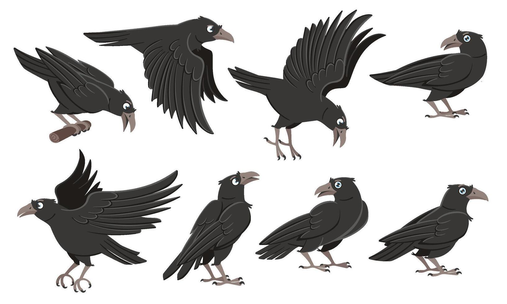 Cartoon crows. Wild black birds, raven character in different poses and flying crow illustration set vector