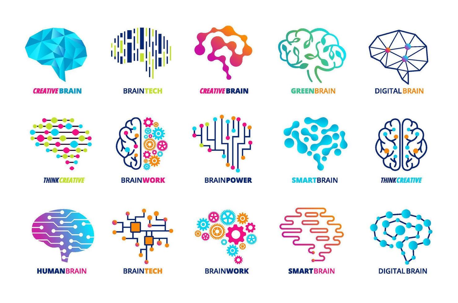 Brain emblem template. Smart assistant, ai and human brains, neural engine and creative mind icons set vector