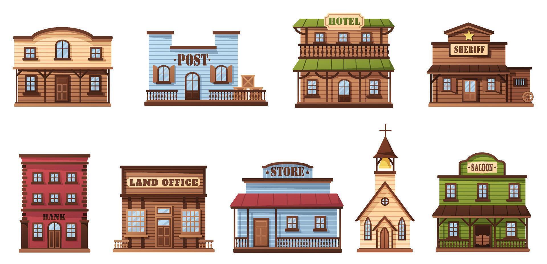 Wild west buildings. Western town houses, wooden saloon and sheriff office city building illustration set vector
