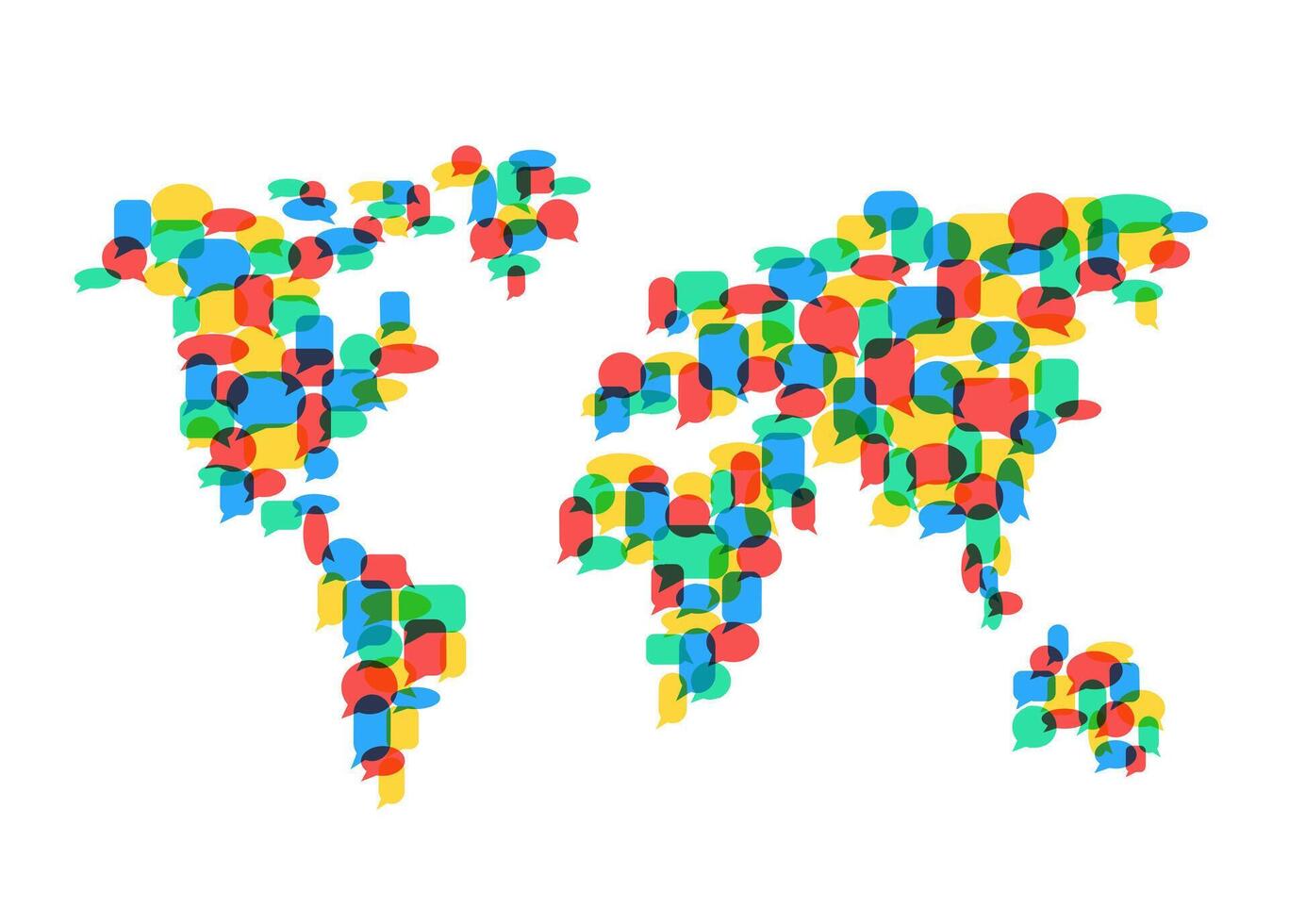 World talk. Global forum, worldwide opinions and colourful speech bubbles map. Free speech, earth languages translation vector