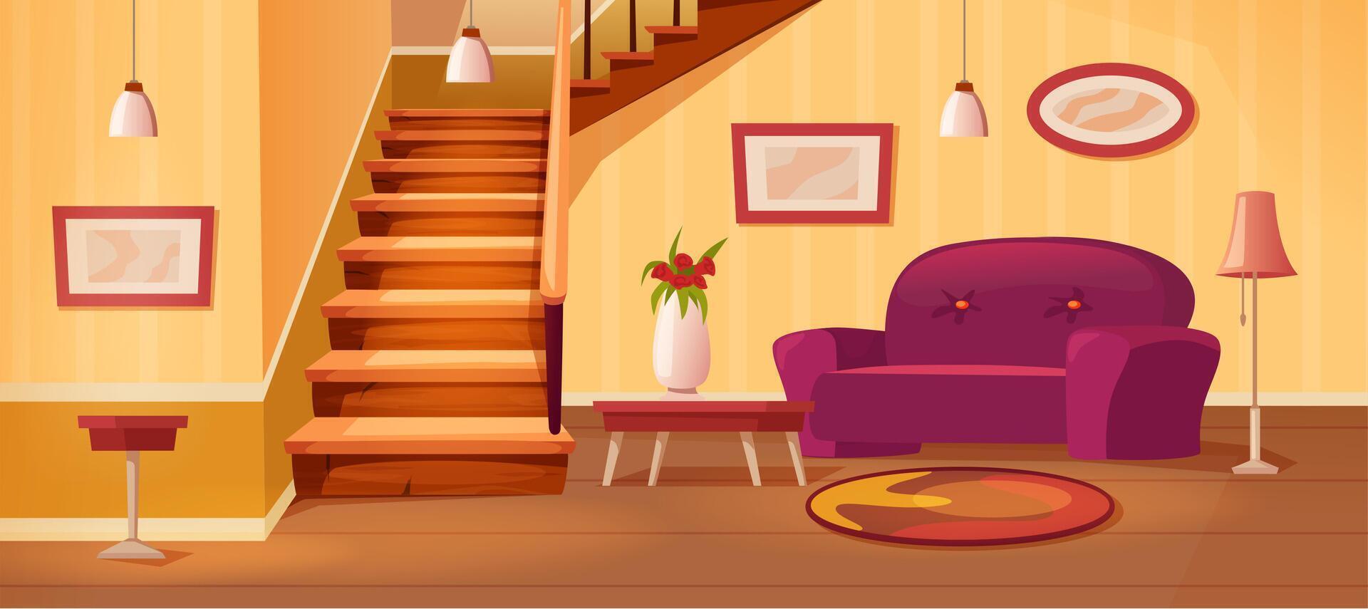Cartoon interior with staircase. Cozy hallway room, home inside and two-story apartments background illustration vector