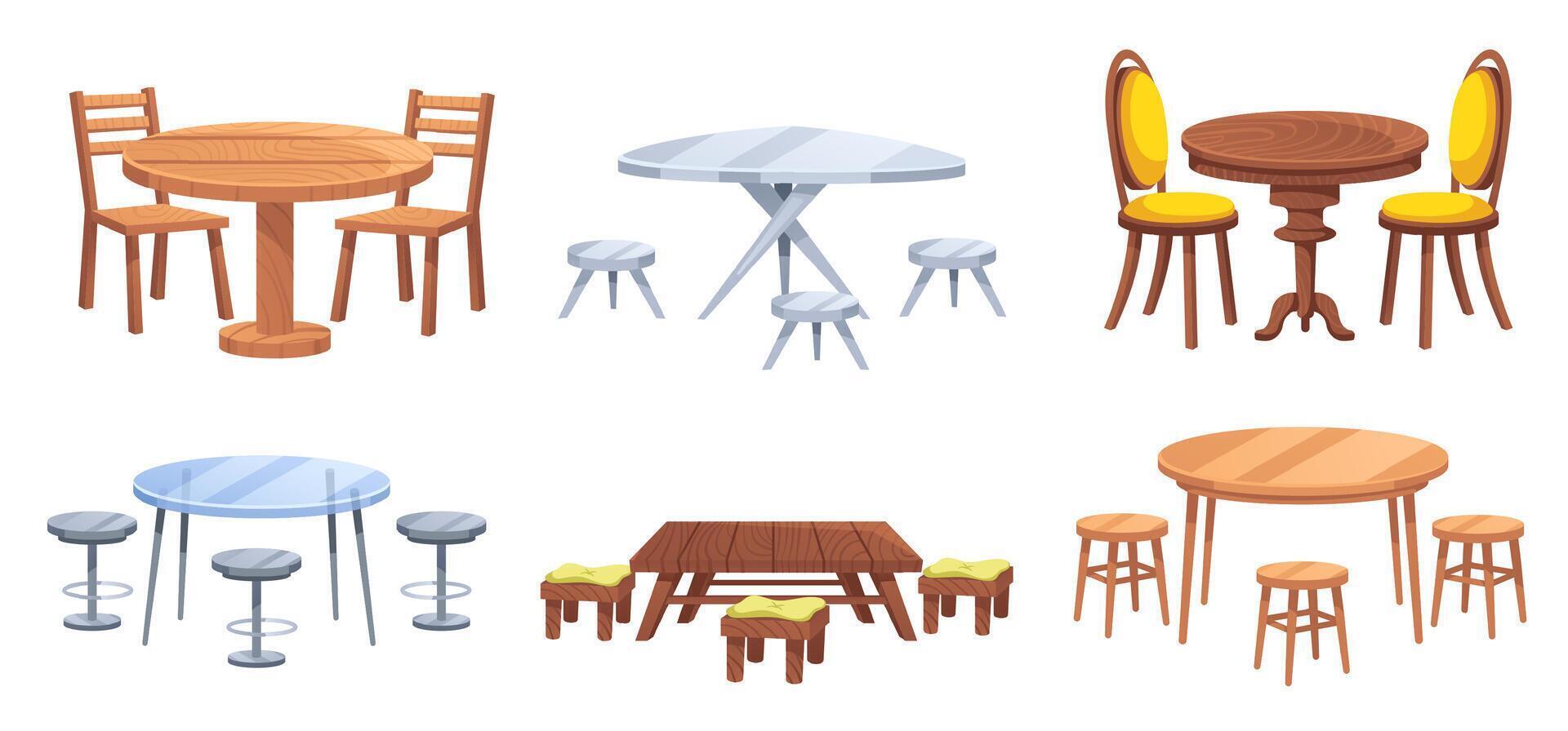 Cartoon furniture. Tables with chairs for dining, restaurant and picnic scene. Table for two illustration set vector