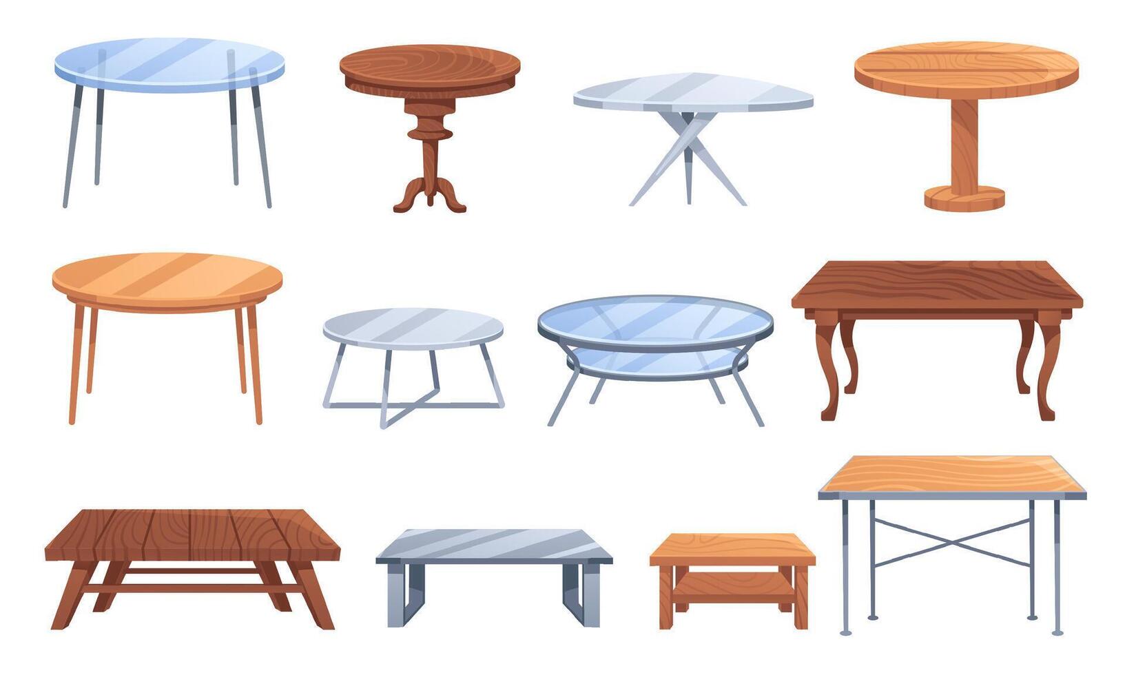 Cartoon table. Wooden, metal and glass cafe and home decor furniture. Dining kitchen desk, restaurant and coffee tables illustration set vector