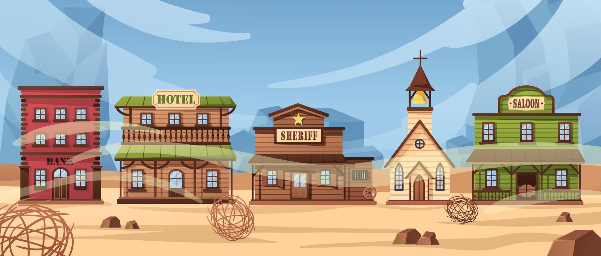Wild west town. Western America street with old wooden church, rustic hotel, saloon and bank buildings. Cowboy city cartoon background illustration vector