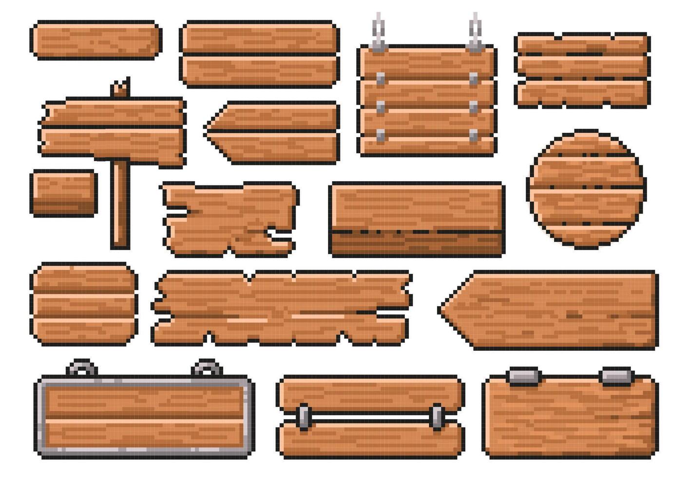 Pixel art wooden signs. Old road guidepost pointer, 8 bit wood style banner and app interface frames template set vector