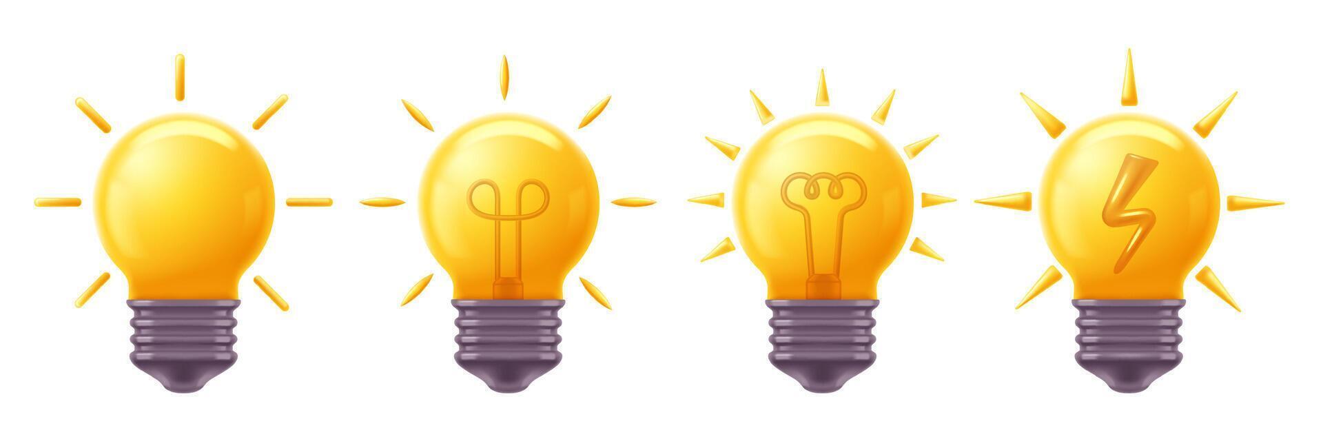Light bulb 3D icons. Shiny bright idea or innovative solution symbol, electric energy and yellow bulbs set vector