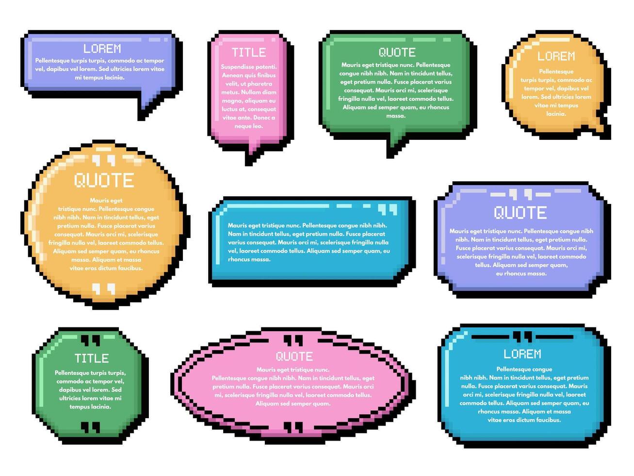 Pixel art speech bubble. Dialogue boxes, retro 8 bit arcade game style quotes and UI message frames template set vector