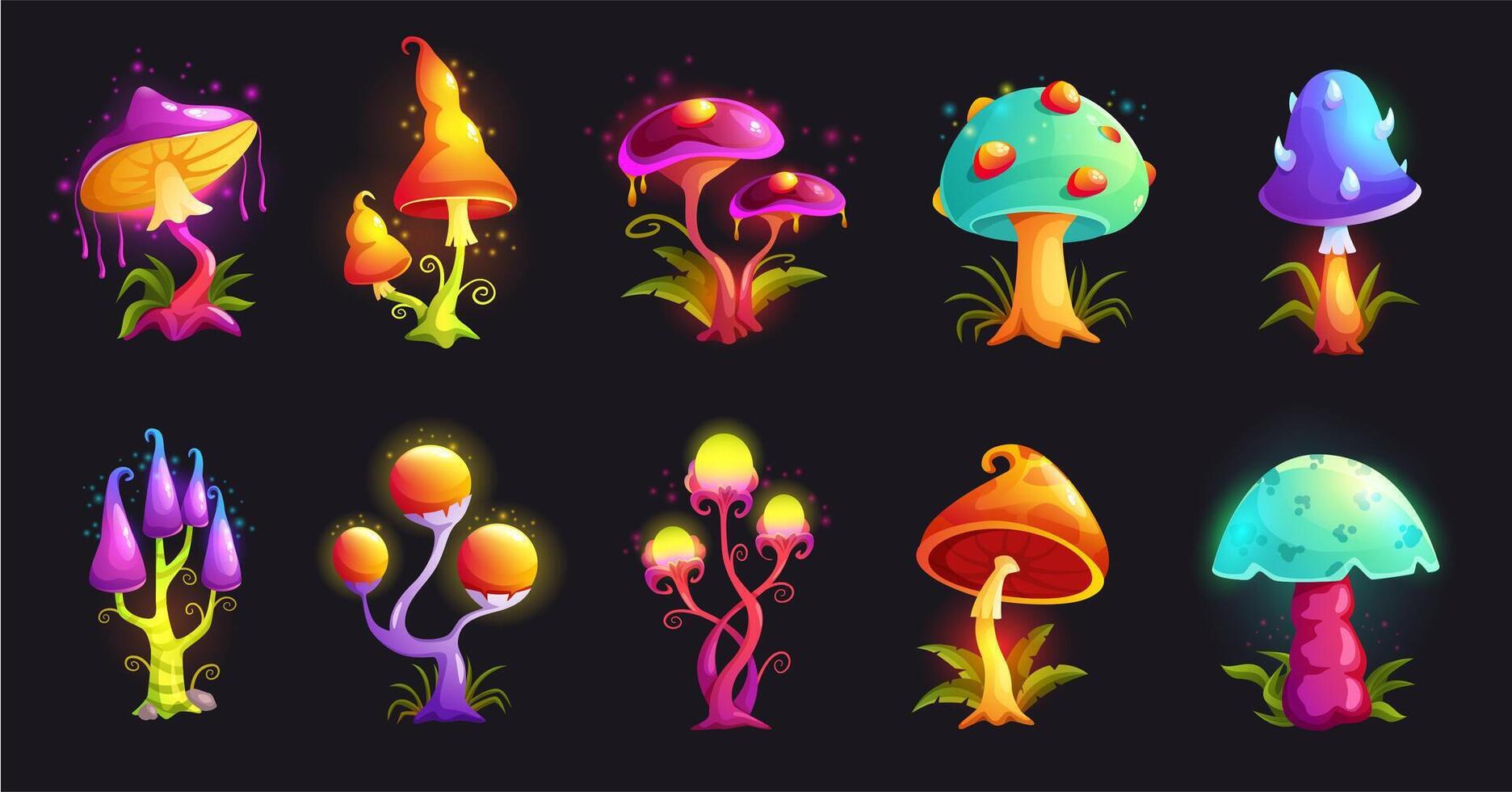 Fantasy mushrooms. Magic fungus, hallucinogenic neon fluorescent mushroom and alien forest fungi cartoon illustration set vector