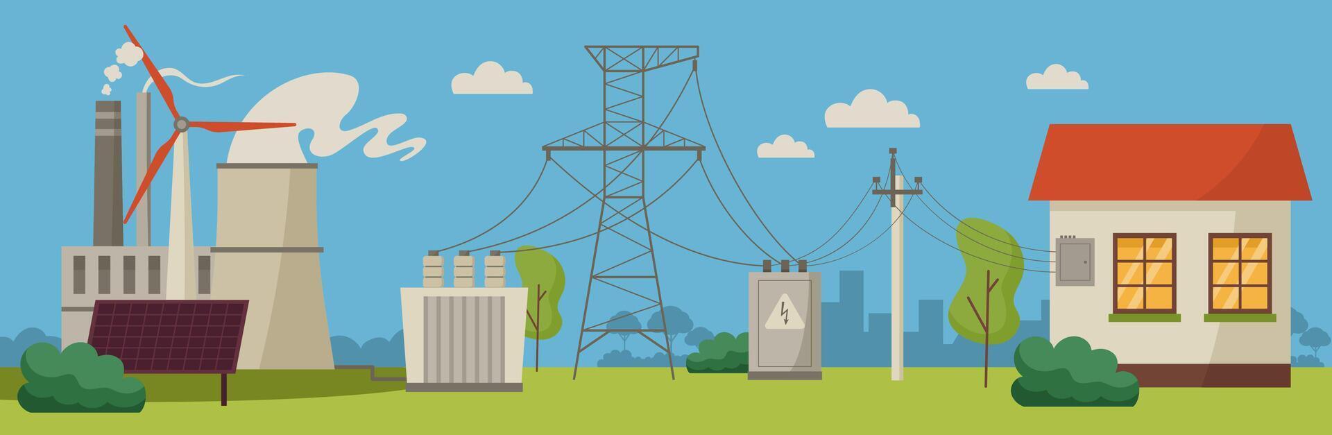 Electric power distribution chart. Electricity supply scheme from power plant to house, power supply line poles, cables and transformers cartoon illustration vector