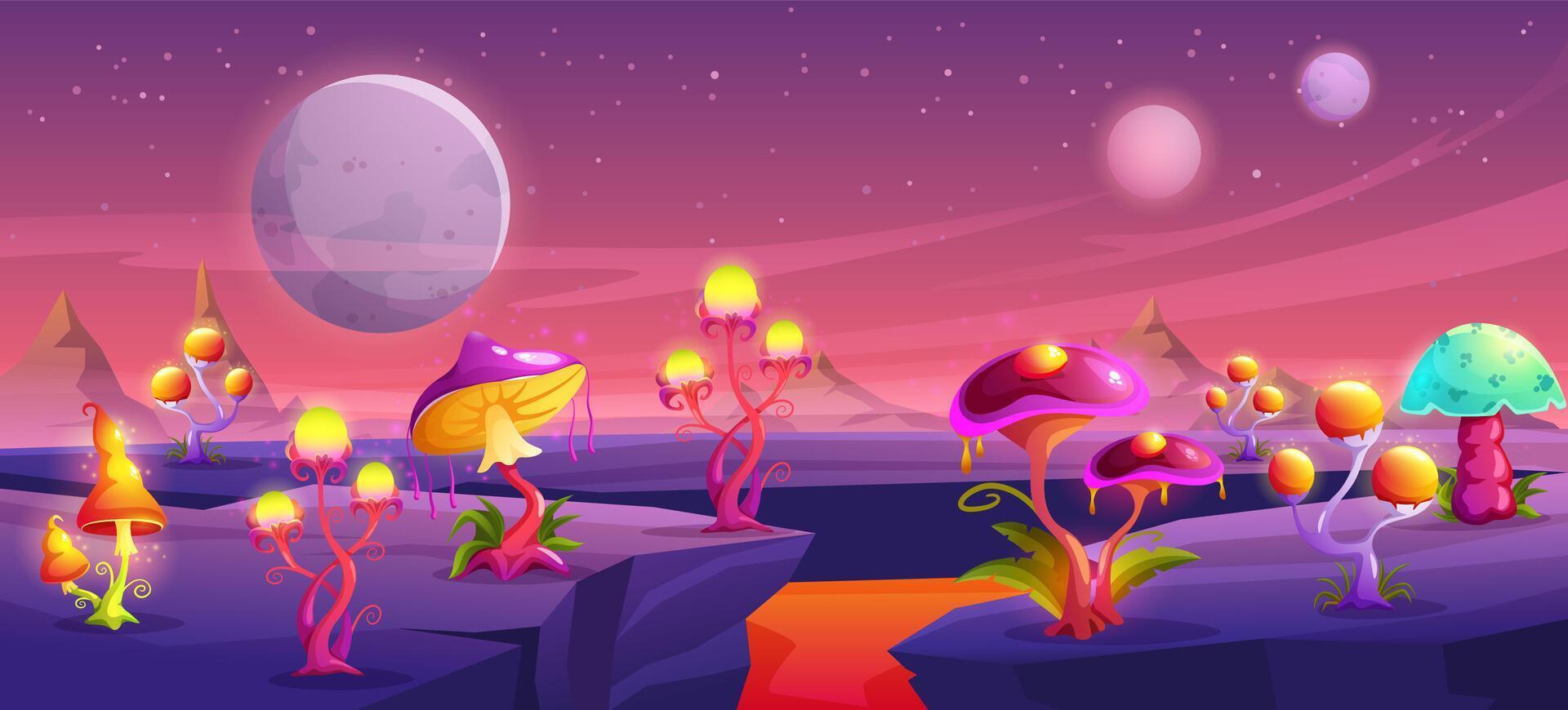 Fantasy mushroom planet surface. Alien forest, magic space fungus world and giant mushrooms land cartoon panoramic background illustration vector