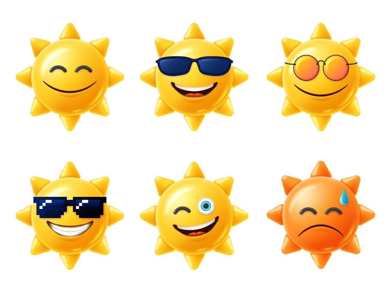 Sun 3D character. Happy yellow sun emoji with smiled face and sunglasses, hot summer season illustration set vector