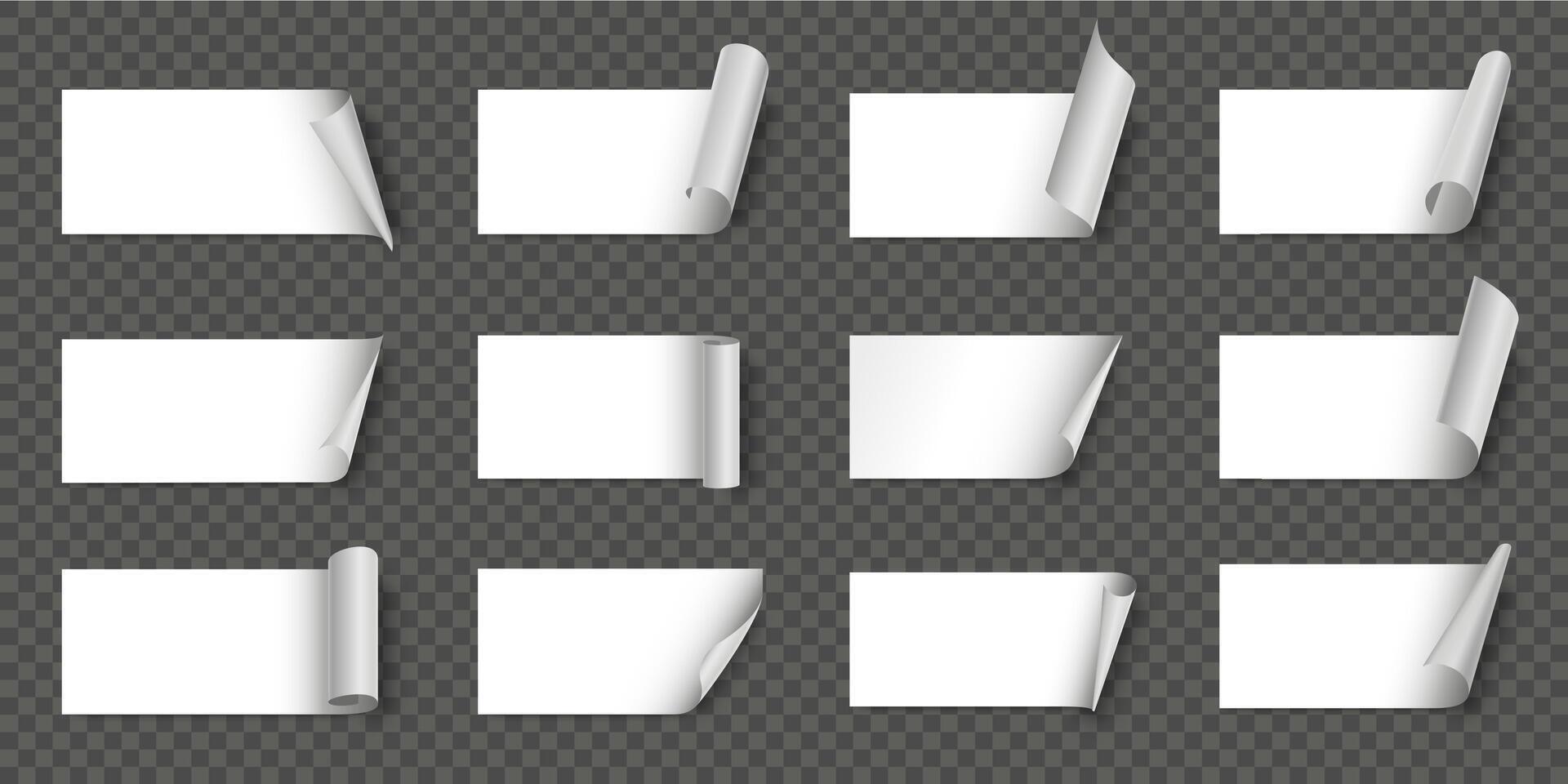 Paper stickers with curled corner. White tape with turned up bent corner, note label with rolled edge template set vector