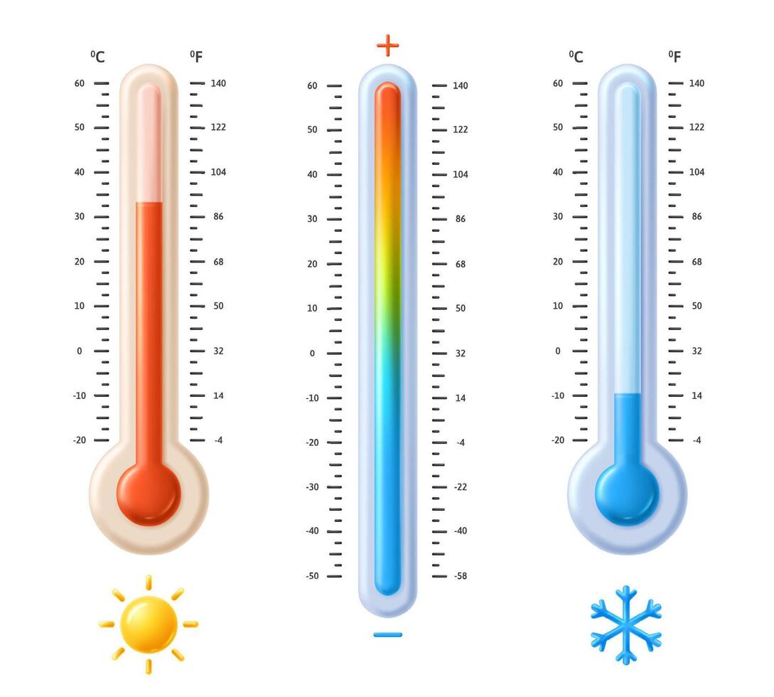 Fahrenheit and celsius thermometers. Temperature spectrum scale with hot sun and cold snowflake icons, weather meteorology measurement flat 3D illustration set vector