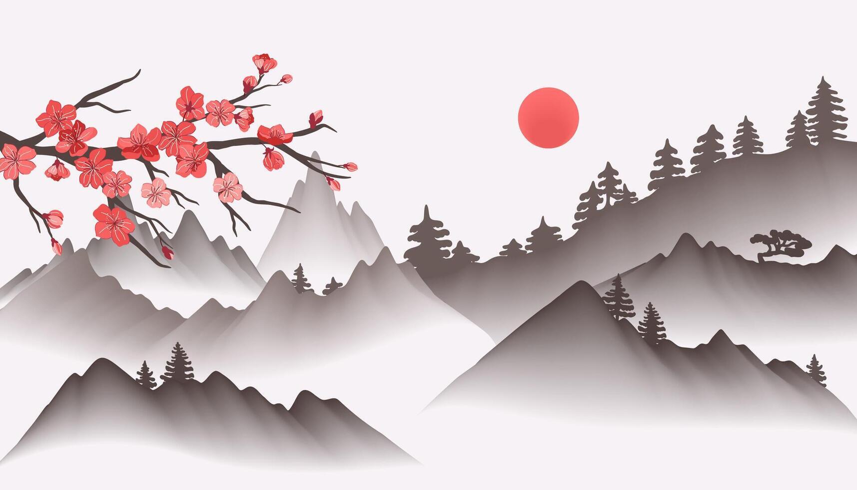 Chinese landscape painting. Oriental asian background with foggy mountains and sakura blossom branch illustration vector