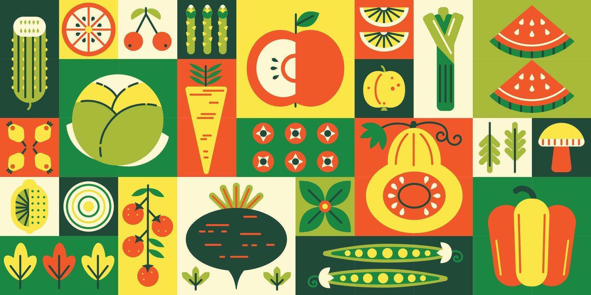Geometric fruits and vegetables mosaic. Grocery goods, agriculture products grid and healthy food promotion background illustration vector