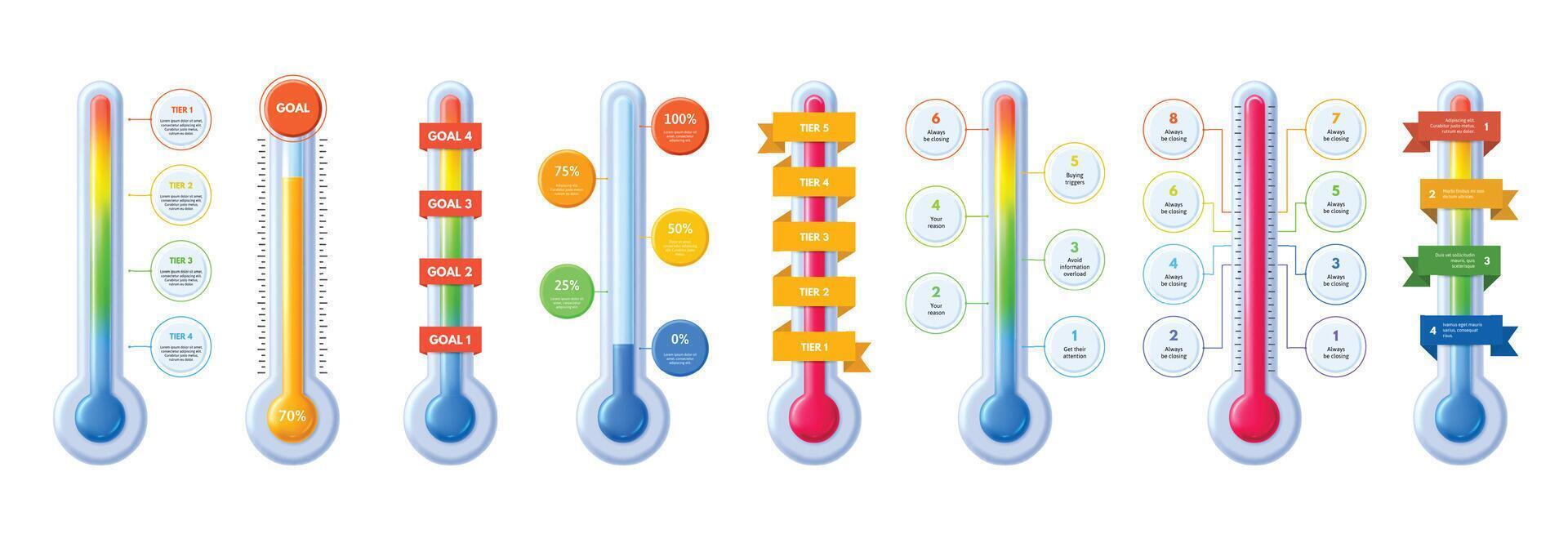 Thermometer temperature infographic templates. Hot and cold sales, fundraising tiers meter and goal tracking success scale illustration set vector
