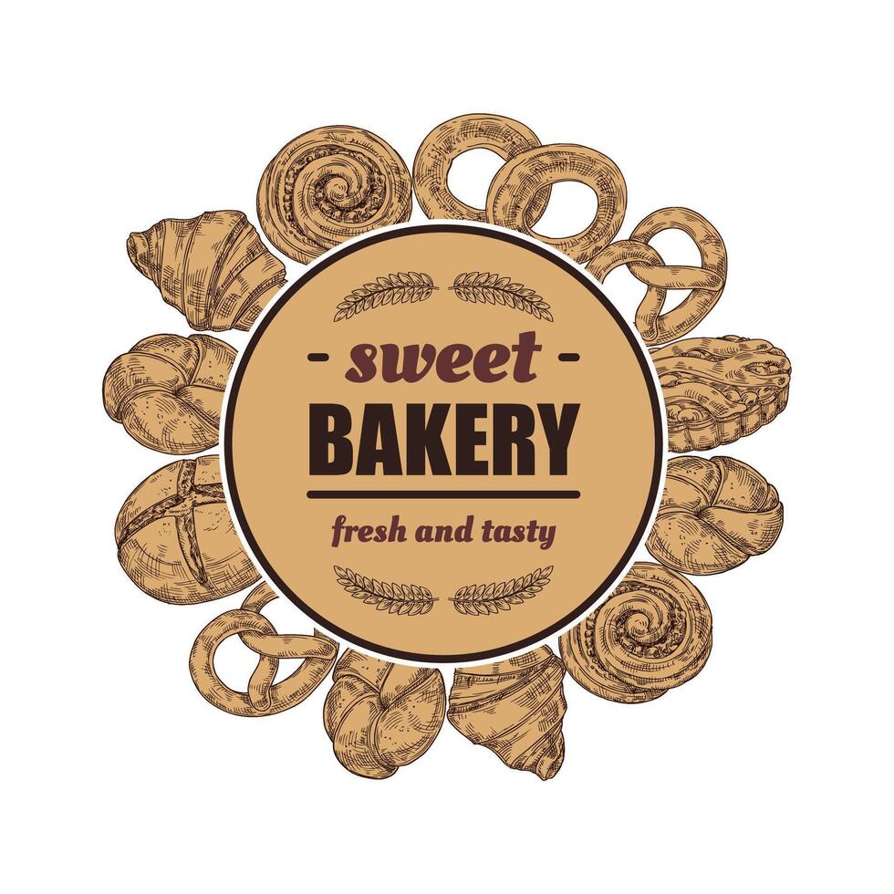 Sketch bakery emblem. Sweet baked goods and fresh bread hand drawn frame with decorative ear of wheat. Bakehouse label template illustration vector