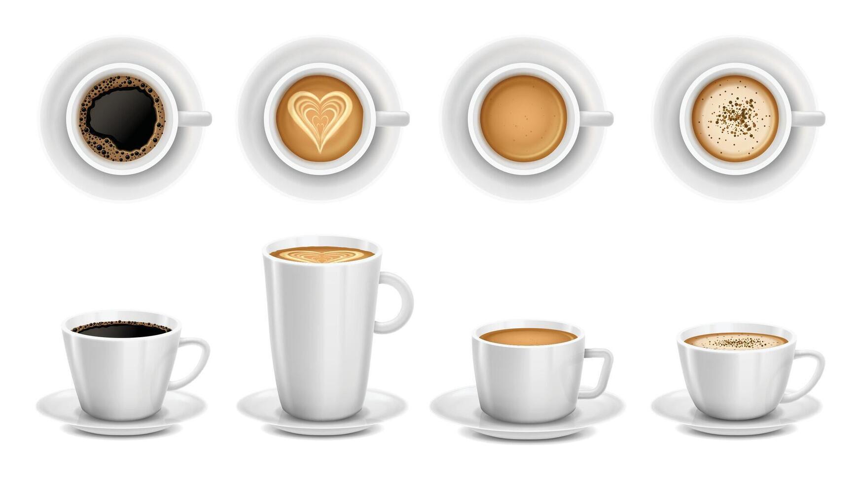 Realistic 3D cups of coffee. White ceramic cup of cappuccino, latte art and coffee shop promotion mockup isolated illustration set vector