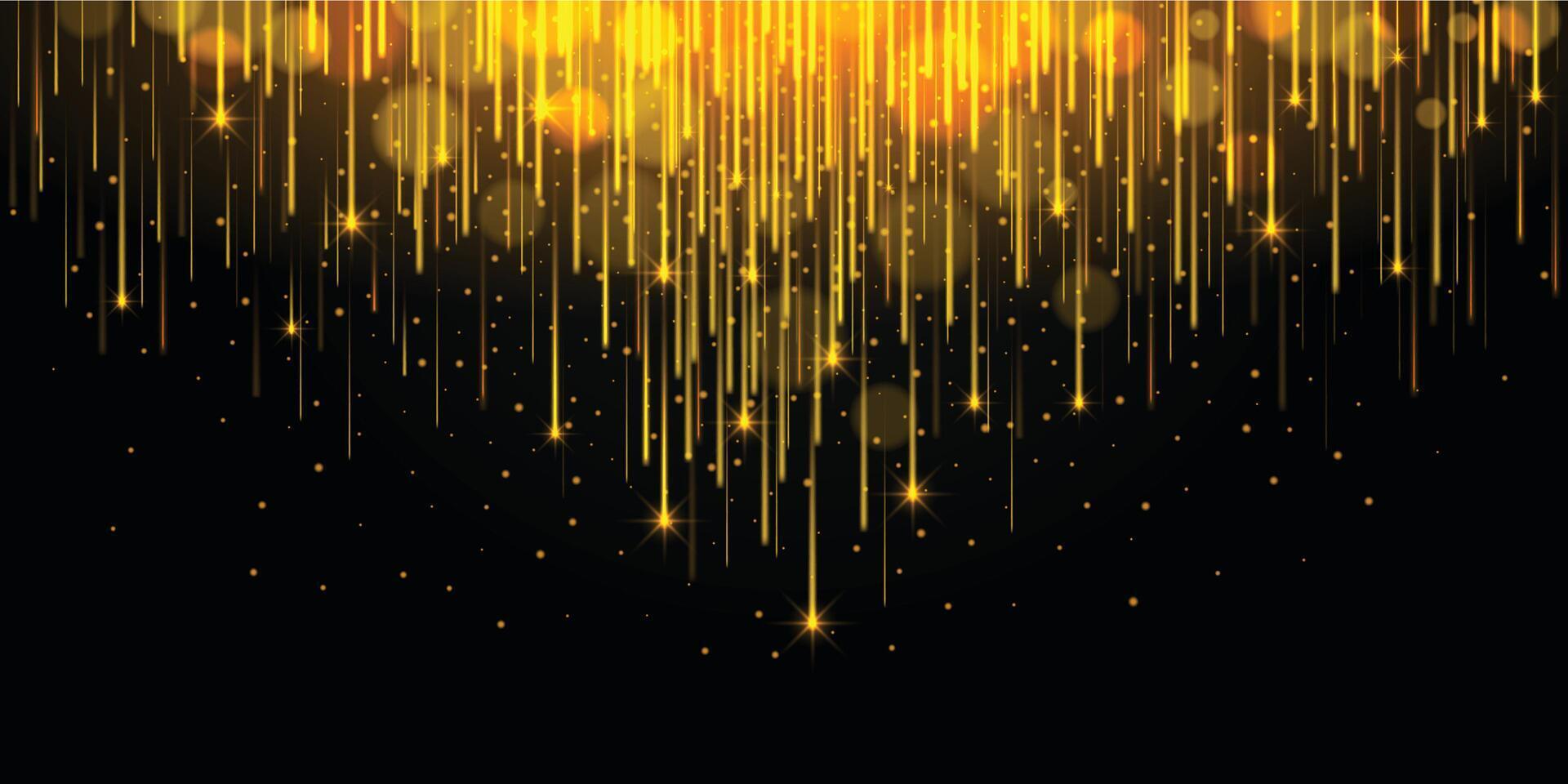 Golden shimmering shooting stars. Dark background with falling shiny glitter confetti particles, sparks rain luxury abstract backdrop vector