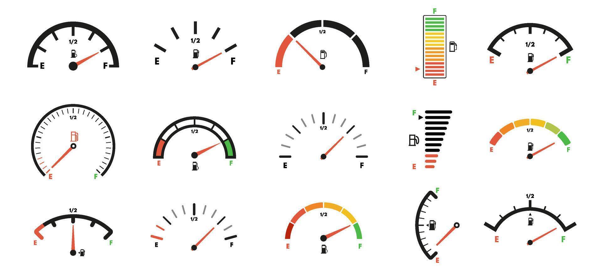 Fuel gauge scales. Gas meter, petrol level indicator for car dashboard panel design. Gage dials with empty and full marks set vector
