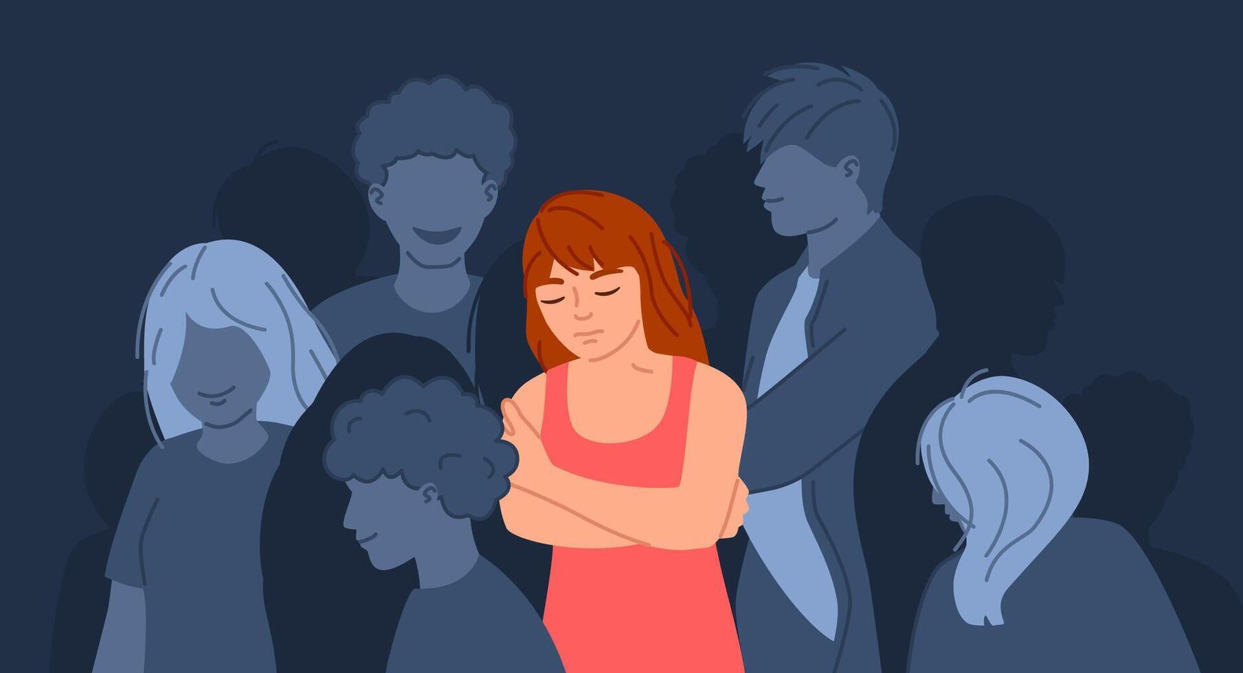 Depressive crowd. Social loneliness, sadness, and exhaustion. Depressed girl int crowd of indifferent people illustration vector