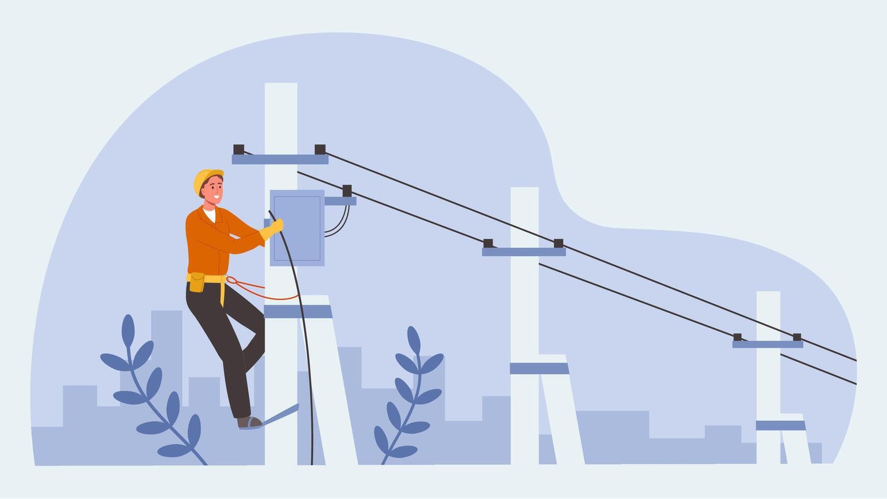 Electrician worker. Lineman climbing utility pole repairing high-voltage power lines, cable repairman fix transformer on electric post illustration vector