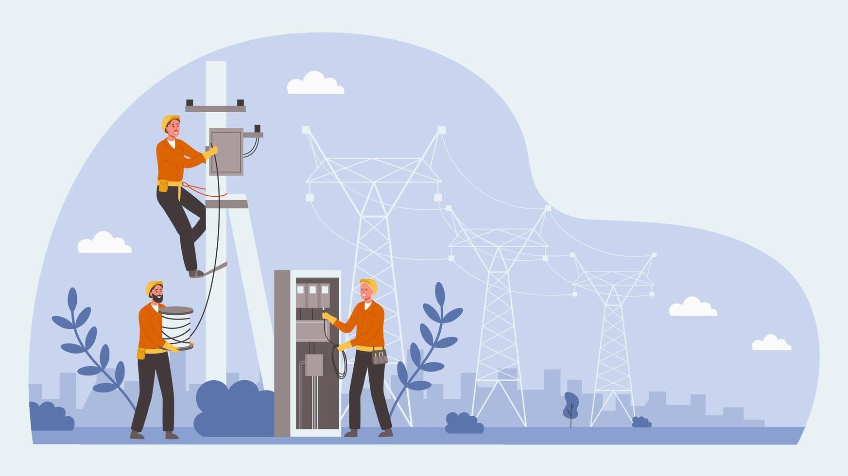 Electric workers team. Transformer service, electrical power lines technician work and box power repairs teamwork illustration vector