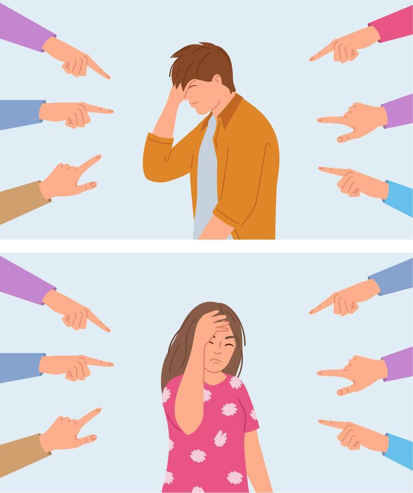 Social pressure. Community points to shamed victim, social condemnation and impact of negative social environments on mental health illustration vector