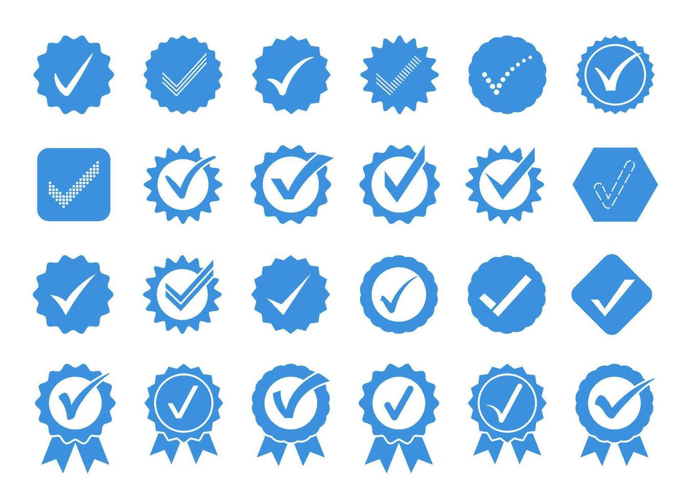 Blue check mark icons. Profile verification badge, approval seal and quality marks symbol set vector