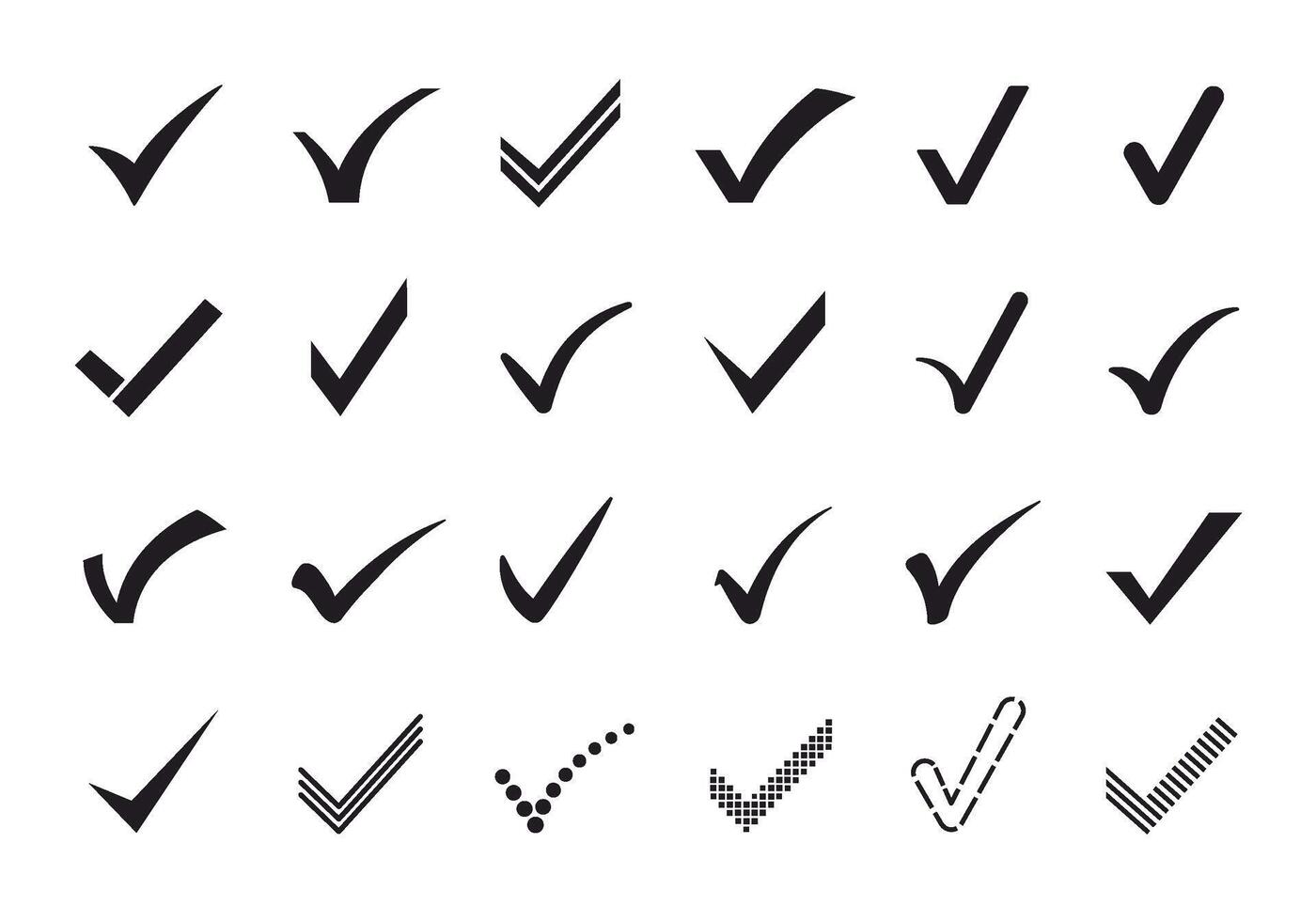 Check mark icons. Verification and approval marks, correct answer sign and tick checkmarks symbol set vector