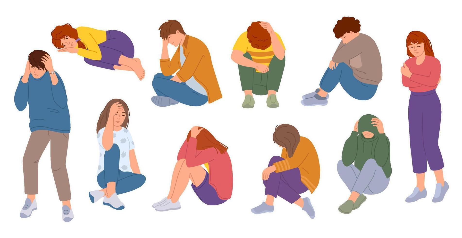 Young people suffer from anxiety. Depressive teenagers, headache pain and mental health illustration set vector