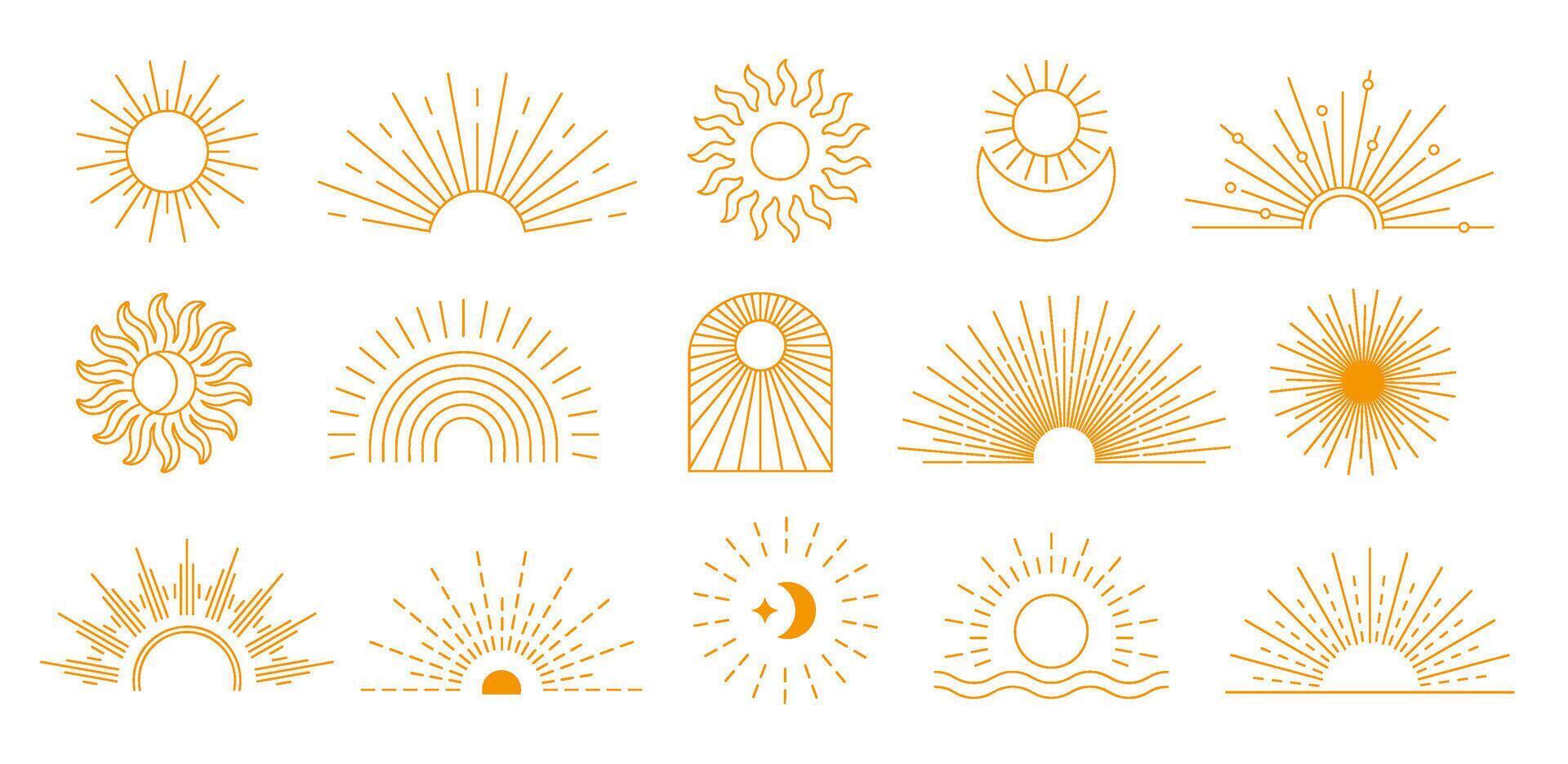 Bohemian sunburst. Sunrise symbol, sun and moon rays. Symbolic celestial boho motifs decoration elements set vector