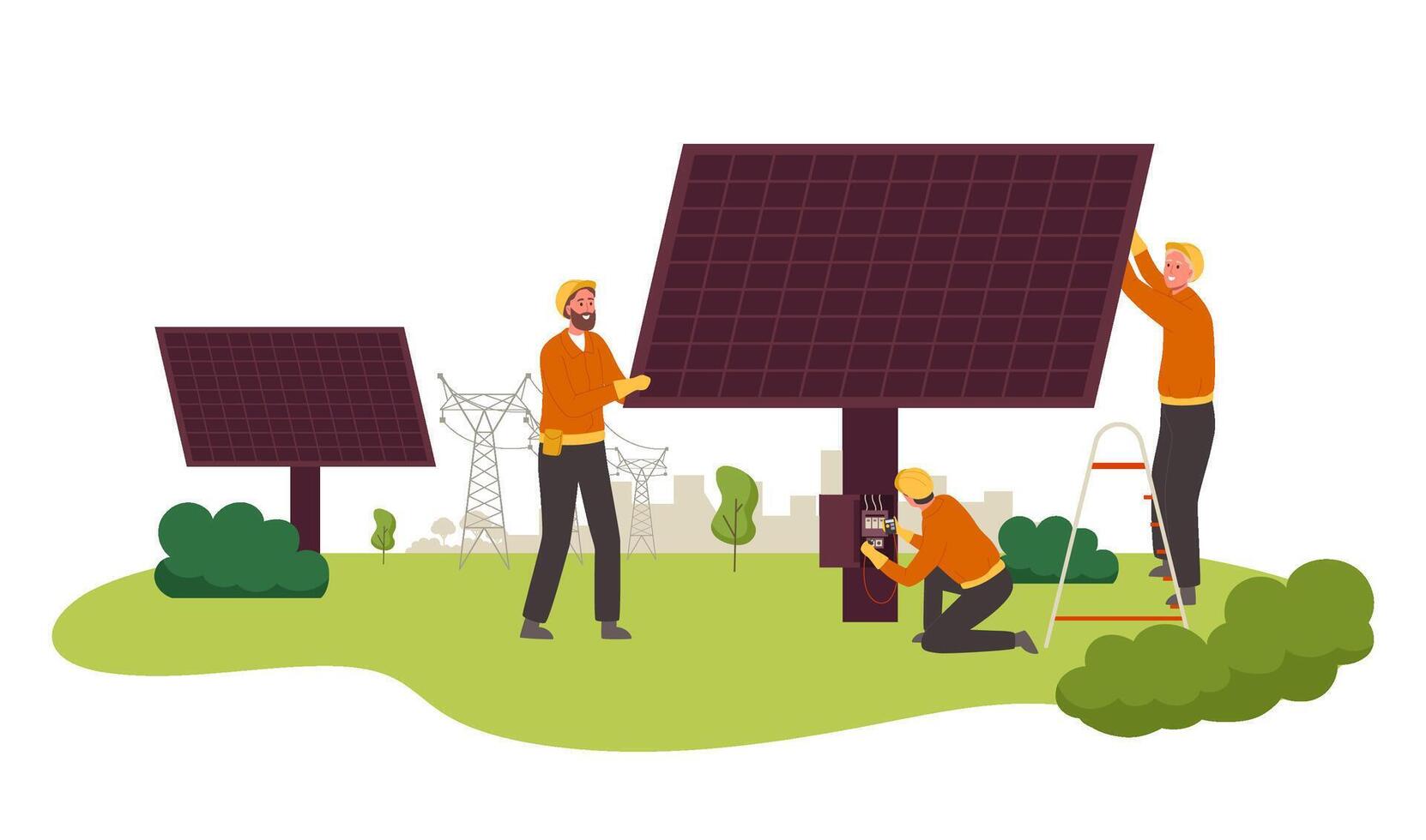 Utility workers install solar panels. Solar power plant maintenance, sustainable green energy and electrical power lines illustration vector