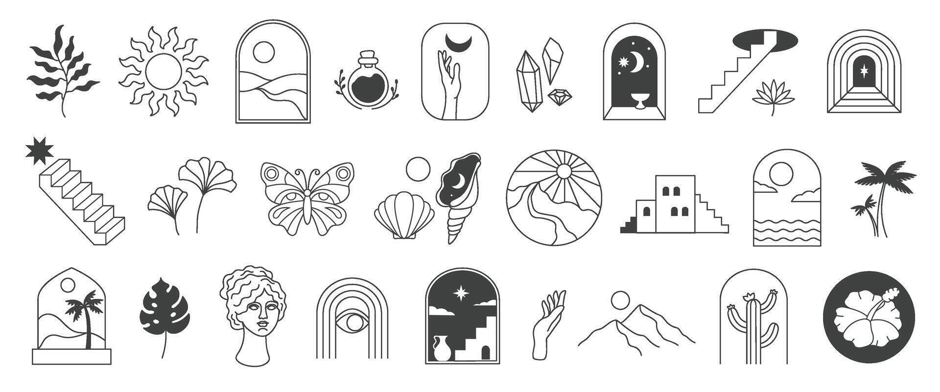 Bohemian line art. Boho aesthetic nature and artistic elements, linear minimalist abstract illustrations set vector