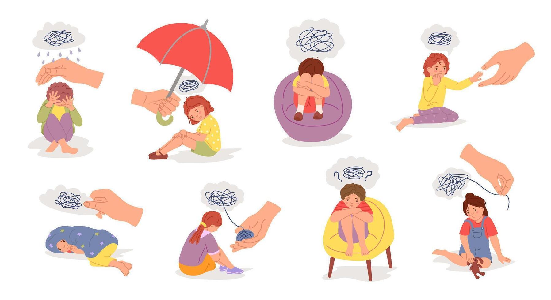 Children therapy. Kid support, cognitive and mental development. Child trauma and fears treatment illustration set vector
