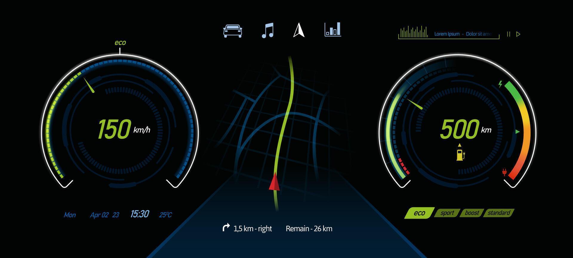 Electric car dashboard. EV auto ui with various indicators, pictogram icons and gauges for cars running on electric power illustration template vector